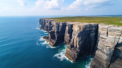 Obraz premium Majestic sea cliffs rise above the blue ocean, with waves crashing against rugged rocks under a partly cloudy sky.