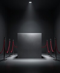 A large, grey cube sits center stage, illuminated by a single spotlight in a dark room; red velvet ropes surround it