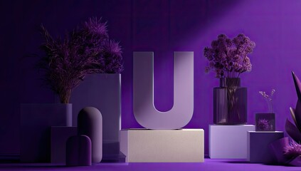 A large, pale ?U? sits on a white cube amidst purple geometric forms and dried floral arrangements in a dimly lit scene