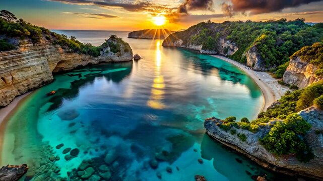 Golden hour sunset at a secluded cove with crystal-clear turquoise water