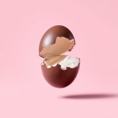 A levitating chocolate egg, cracked open to reveal a creamy white interior, against a pink background
