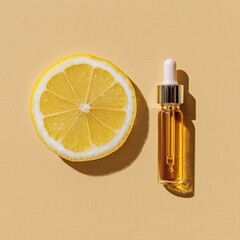 A lemon slice and a small amber glass bottle with a dropper, both casting shadows on a pale yellow background