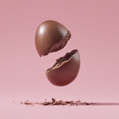 A levitating, cracked chocolate egg against a pale pink background, with scattered chocolate fragments below