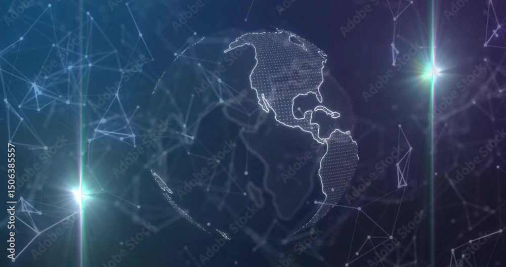 Poster soft blur starting mesh globe sharpening, rotating anticlockwise within network for earth display