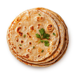 Parathas isolated on white background. Indian roti and chapati top view isolated.