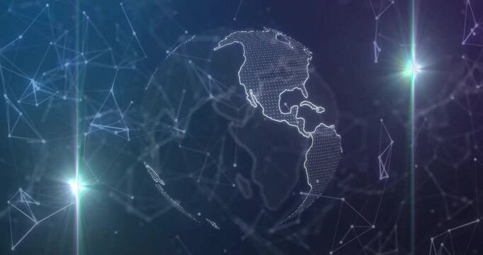 Soft blur starting mesh globe sharpening, rotating anticlockwise within network for Earth display