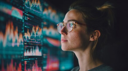 Analyzing data trends office environment digital display professional context close-up view data visualization techniques