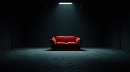 A lone red velvet loveseat sits in a dimly lit, empty concrete room, illuminated by a single overhead light