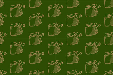 tea bag engraving line art seamless pattern on green background. retro tea pouch hatching pattern wallpaper background for herbal product, plantation, grocery, health drink merchandise