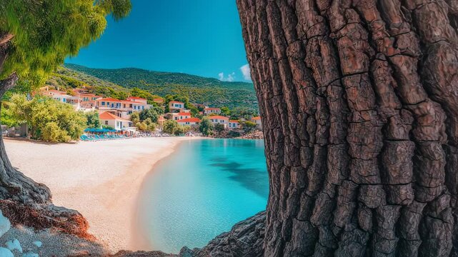 Idyllic seaside village with azure waters and lush greenery in Skiathos