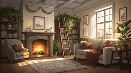 living room with fireplace background banner
