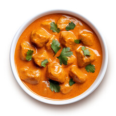 Chicken curry butter chicken in plate top view isolated on white background. Butter chicken curry with parsley in plate. 