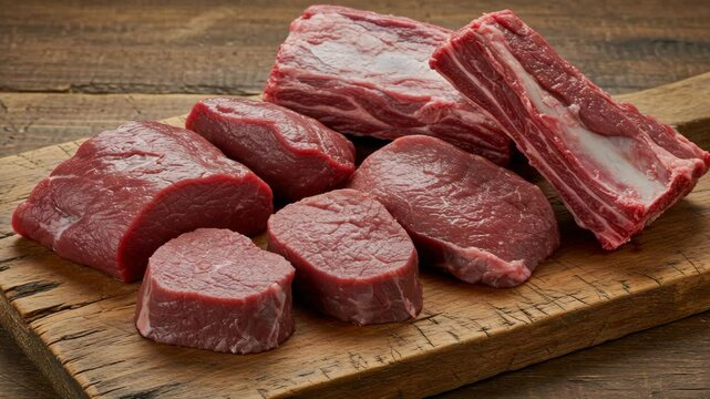 Raw beef cuts arranged on wooden board for culinary preparation  