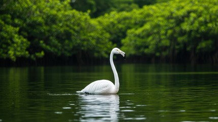 Obraz premium A white flamingo glides gracefully on a calm green lake surrounded by lush trees.
