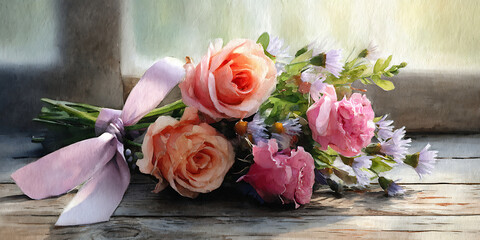 Peach and Pink Roses Bouquet Elegant Floral Arrangement Photography