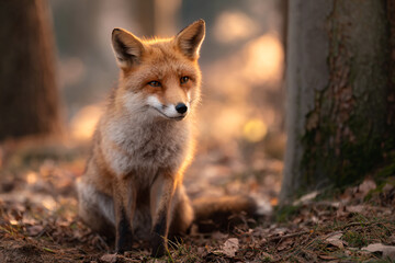 Fototapeta premium a fox sitting in the woods looking at the camera