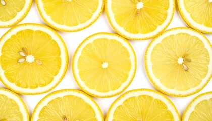 Juicy Lemon Slices Arranged in Overlapping Pattern with Juice Droplets on Isolated White Background