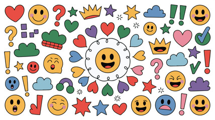 Smile brush hand drawn vector element set. Emoji fun face, heart, crown symbol crayon texture marker background kid sketch style hand drawn element. Color smiley face, arrow. Vector illustration