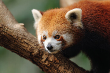 a red panda is sitting on a tree branch
