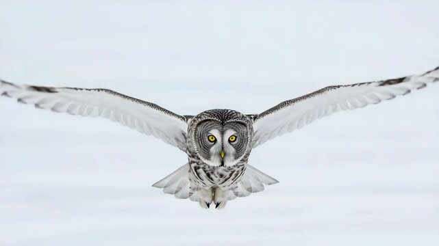 Majestic owl flying with wings outstretched against a snowy background  