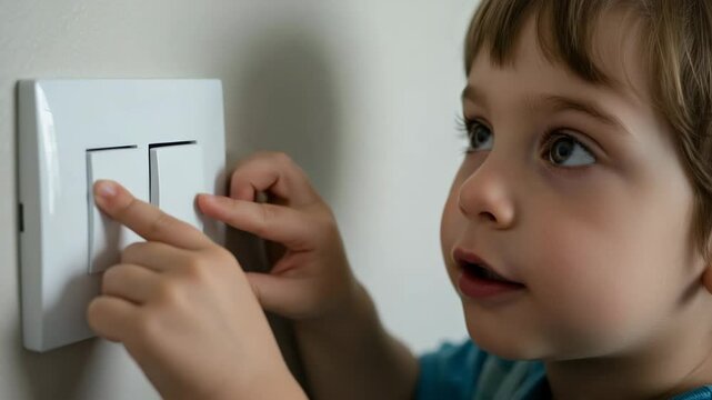 Young boy curiously pressing light switch on wall indoors  
