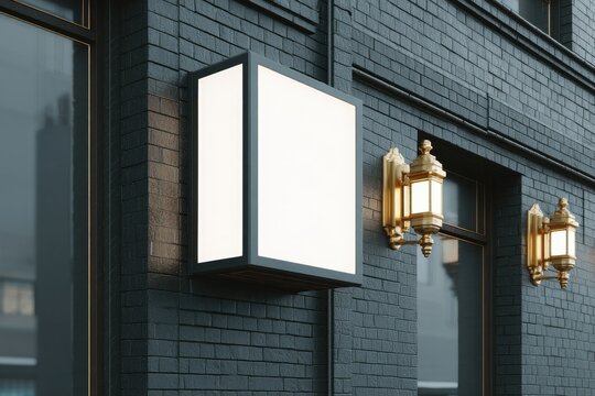 A blank, illuminated square sign mounted on a dark brick building exterior, flanked by ornate gold wall sconces