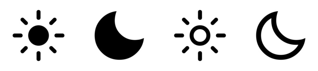 Sun and moon icons in minimalist style, representing day and night concepts. Perfect for weather, UI, app design, and web use. Simple, elegant, and versatile icons.