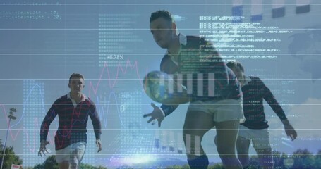 Rugby players sprinting into view activating data overlays while passing ball for sports analytics