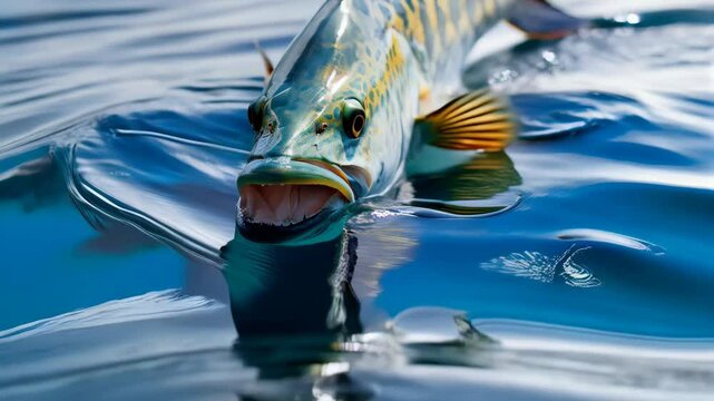 Close-up of a large fish emerging from clear water, open mouth and yellow spotted scales, underwater view, vibrant gills visible, blue