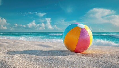Obraz premium A colorful beach ball rests on a sandy shore, near gently lapping turquoise waves under a vibrant blue sky dotted with fluffy white clouds
