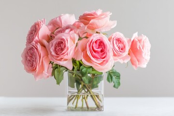 Fototapeta premium Clear glass vase holding a bouquet of soft pink roses, adding charm to a white background.