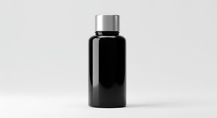 A clear cosmetic black bottle with silver cap, no label or branding, mockup style front view, centered on a clean white background
