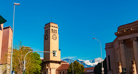 Alpine spring view with the Rosengarten mountains seen from Bozen, Bolzano, South Tyrol, Italy