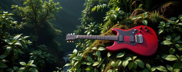 Red Electric Guitar Resting on Mossy Rocks in a Lush Green Forest