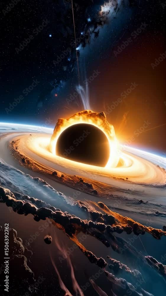 Wall mural black hole devouring matter in deep space with visible accretion disk and gravitational effects, sta
