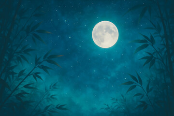 Fototapeta premium Serene night scene with full moon shining brightly over silhouetted bamboo forest