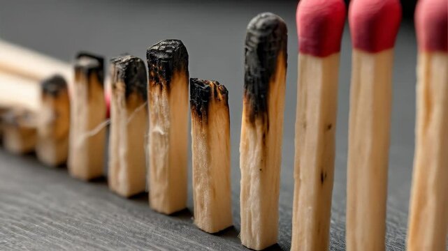 Progressive Burning of Matches Demonstrates Combustion Process on Wooden Sticks, Showing Damage and Fire Safety Concepts