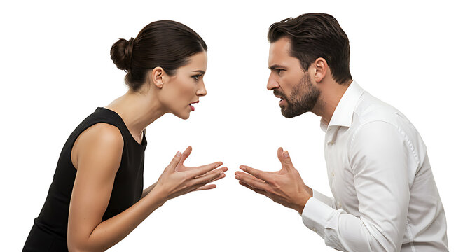 Arguing couple facing each other with raised hands and intense expressions - Powered by Adobe