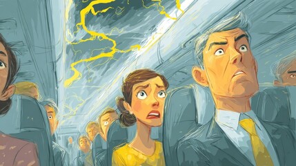 Turbulent flight experience airplane cabin illustration stormy weather passenger perspective fear and anxiety
