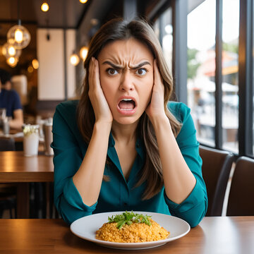 Young lady makes an angry face like she's starving and demanding food, while sitting at a restaurant table, hangry concept