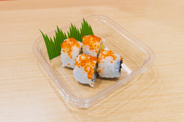 Cheap sushi at Indonesian take away restaurants.