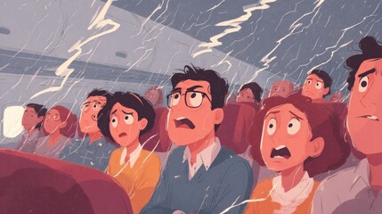 Turbulent flight experience airplane digital art enclosed space frontal view fear and anxiety