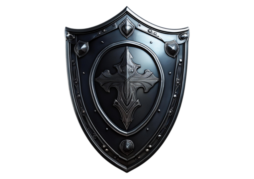 3D Iconic fantasy concept image with single black knight shield, Isolated on transparent or white background