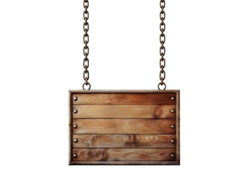 3D wood sign hanging from chains, Isolated on transparent or white background
