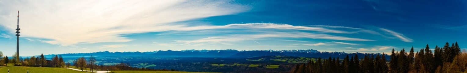 Fototapeta premium High resolution stitched alpine spring panorama with a TV tower at Hohenpeissenberg mountain, Weilheim-Schongau, Bavaria, Germany