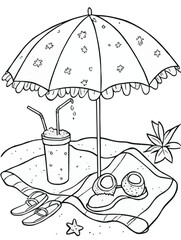 Beach Umbrella and Coconut Drink Coloring Page &ndash; Summer Vacation Line Art