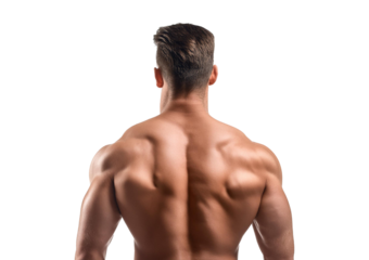 A muscular man with visible abs, experiencing back pain while standing shirtless