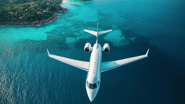 Luxury private jet soaring over turquoise waters near tropical island