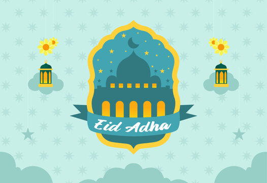 Eid al-Adha Mubarak Greeting Template with Islamic Decorations