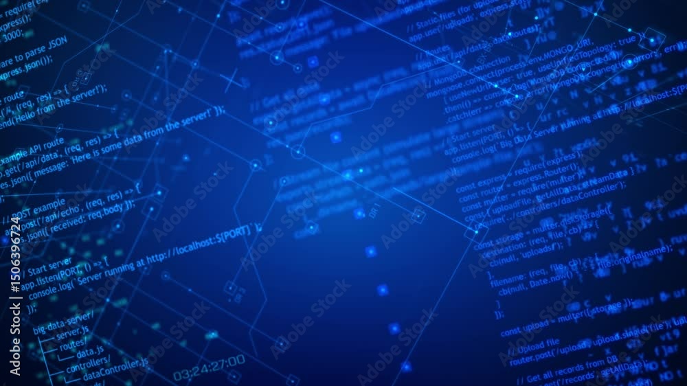Poster abstract background futuristic digital screen with glowing blue source code and connected lines for 